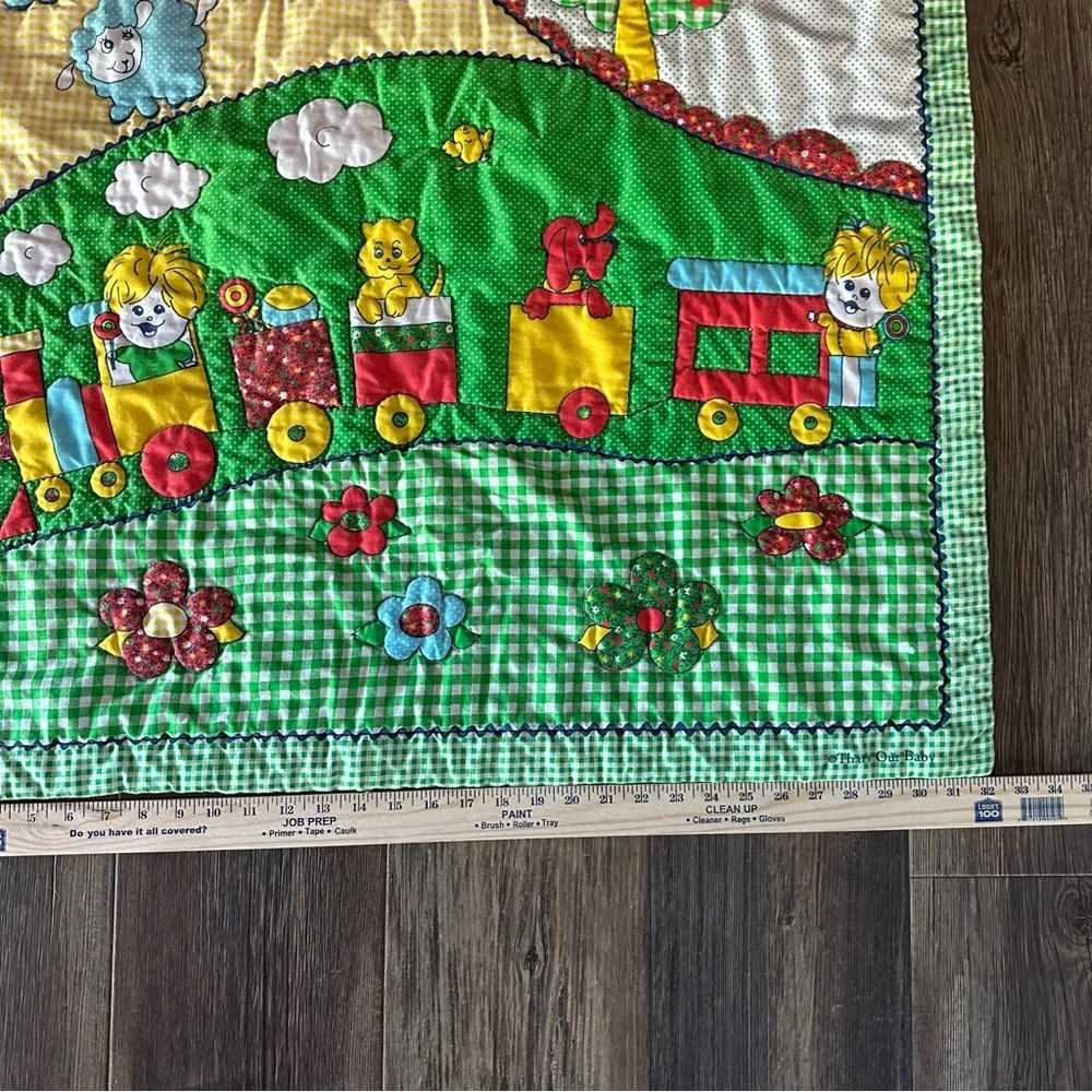 That's Our Baby green gingham lightweight quilt train flowers kids VINTAGE